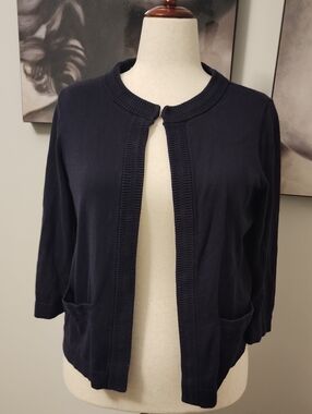 Lands' End 3/4 Sleeve Dark Navy Rib-Knit Sweater Size L